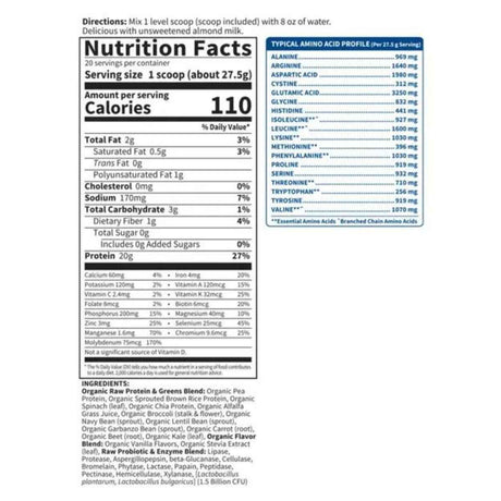 Garden of Life Proteína Orgánica Cruda y Verduras 20 g - Sabor Vainilla - 550 g - Tabla Nutricional - Haz Tu Pedido