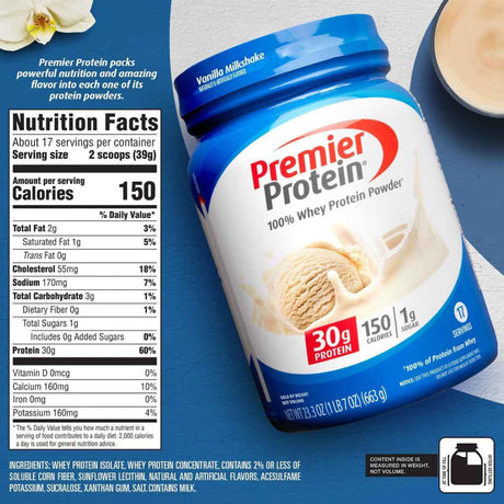 Premier Protein Proteína de Suero de Leche 30 g - Sabor Malteada de Vainilla - 663 g - Tabla Nutricional - Haz Tu Pedido