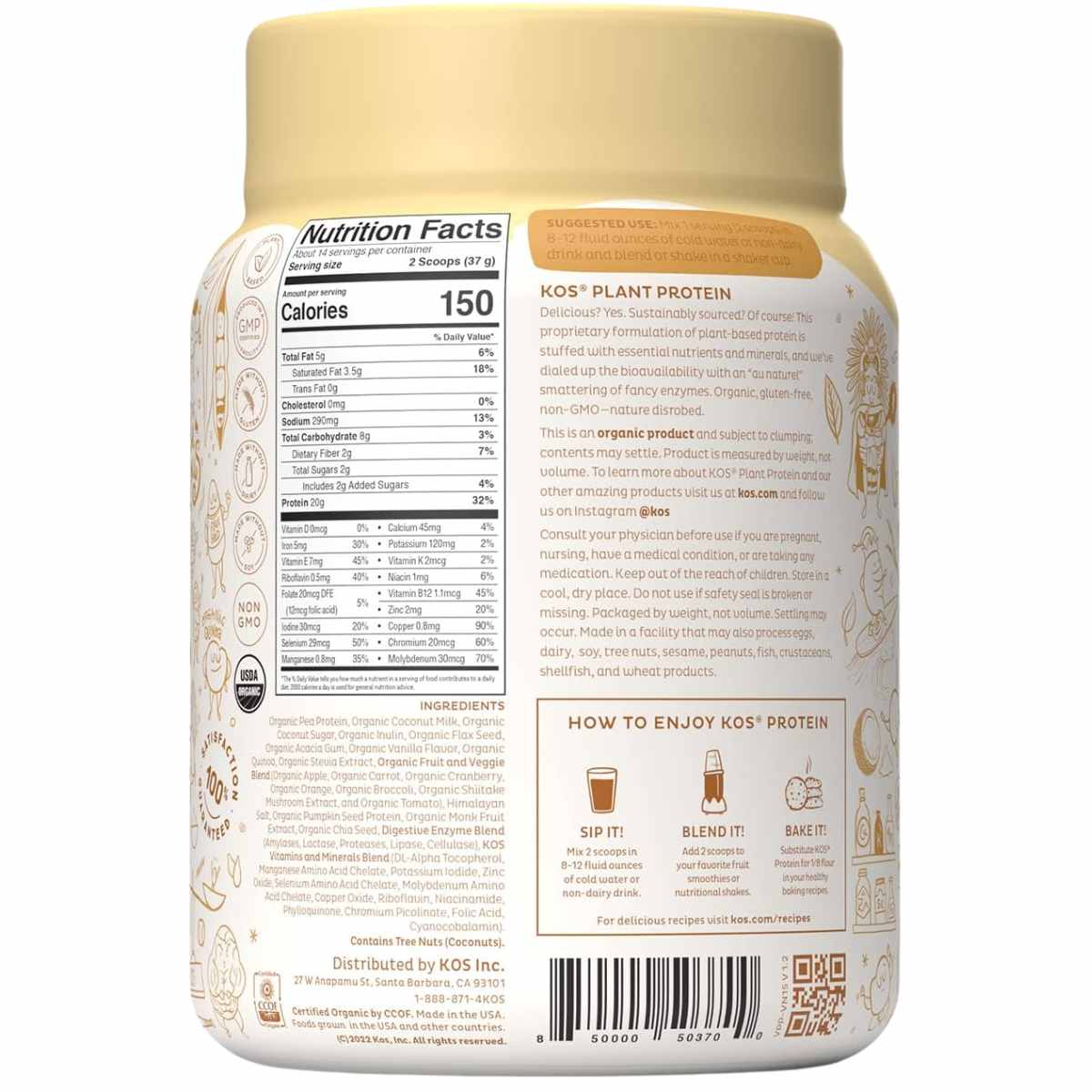 KOS Proteína Vegetal Orgánica 20 g - Sabor Vainilla - 585 g - Tabla Nutricional - Haz Tu Pedido