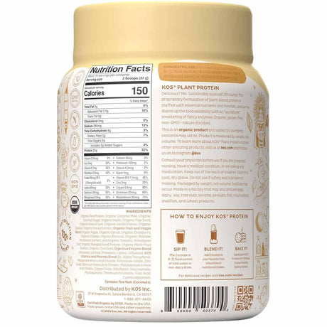 KOS Proteína Vegetal Orgánica 20 g - Sabor Vainilla - 585 g - Tabla Nutricional - Haz Tu Pedido