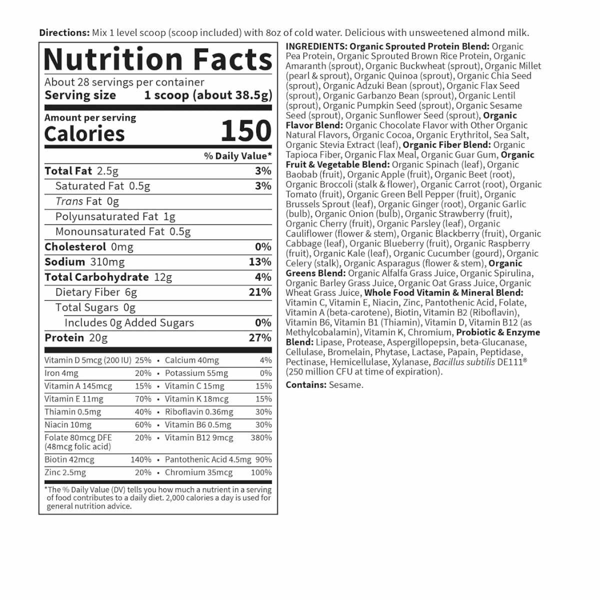 Garden of Life Proteína Orgánica Vegana - Sabor Chocolate - 1078 g - Tabla Nutricional - Haz Tu Pedido