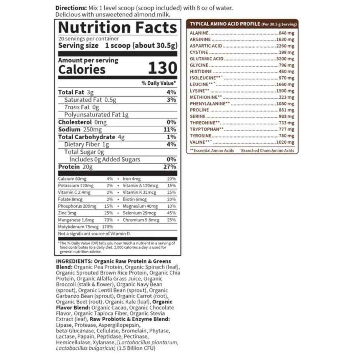 Garden of Life Proteína Orgánica Cruda y Verduras 20 g - Sabor Chocolate - 610 g - Tabla Nutricional - Haz Tu Pedido