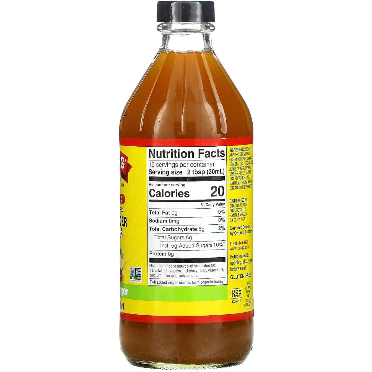 Bragg Vinagre de Sidra de Manzana - Sabor Jengibre Cítrico - 473 ml - Tabla Nutricional - Haz Tu Pedido