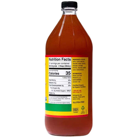 Bragg Vinagre de Sidra de Manzana - Sabor Miel Cítrica - 946 ml - Tabla Nutricional - Haz Tu Pedido