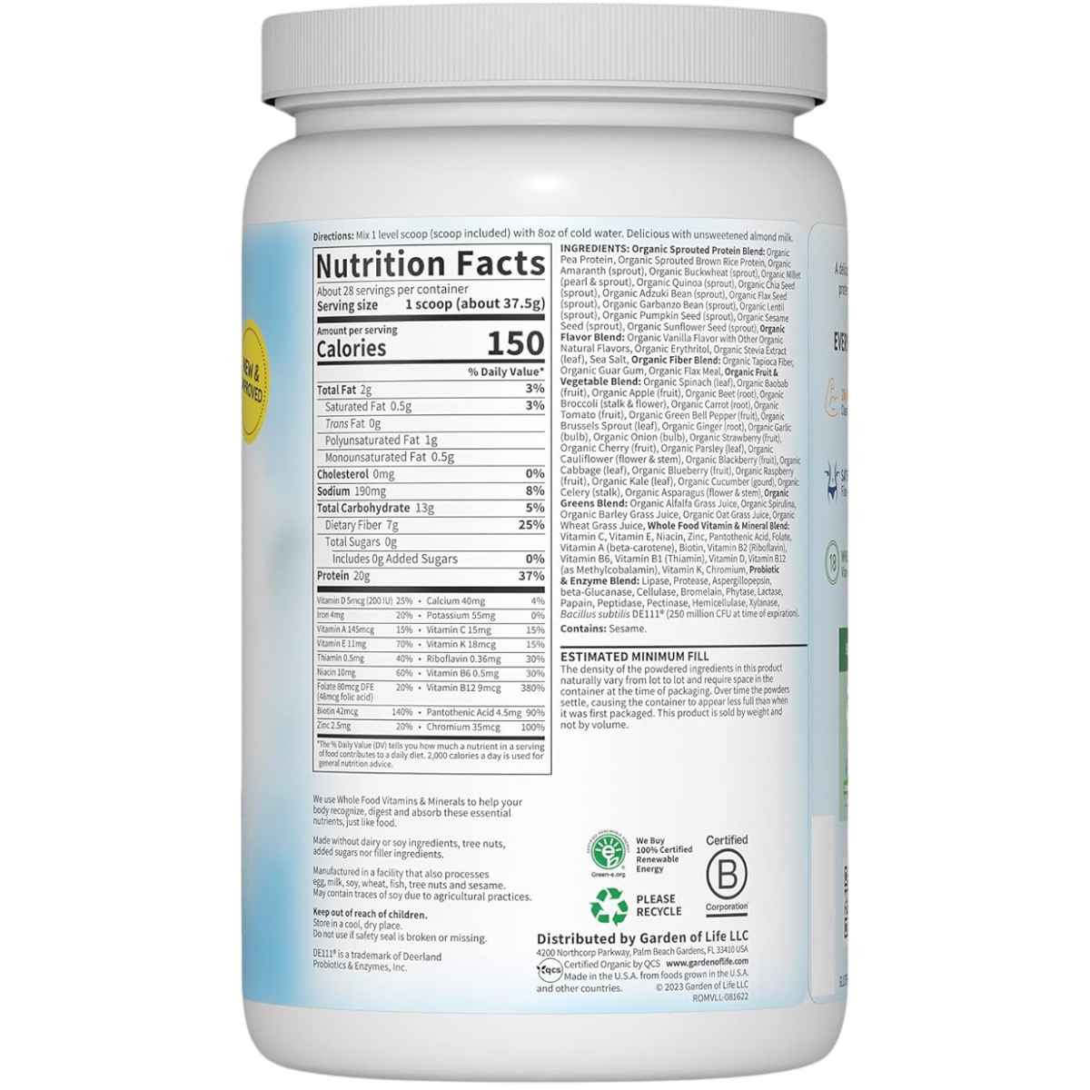 Garden of Life Proteína Orgánica Reemplazo de Comida 20 g - Sabor Vainilla - 1050 g - Tabla Nutricional - Haz Tu Pedido
