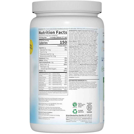 Garden of Life Proteína Orgánica Reemplazo de Comida 20 g - Sabor Vainilla - 1050 g - Tabla Nutricional - Haz Tu Pedido