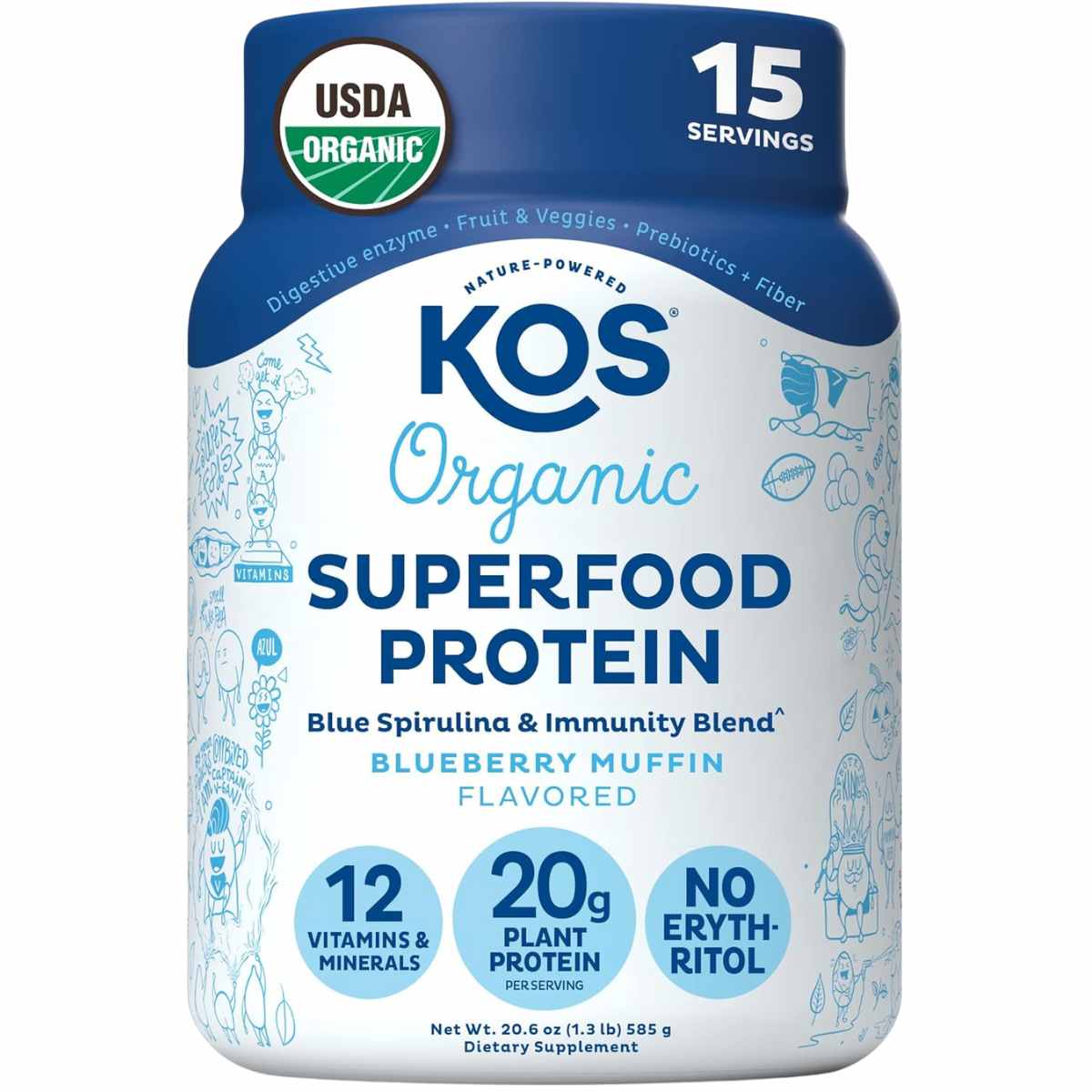 KOS Proteína de superalimento orgánico 20 g - Sabor Muffin de Arándanos - 585 g - Haz Tu Pedido