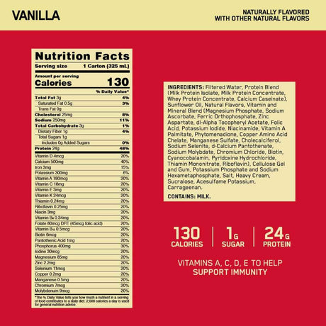 Optimum Nutrition Batido de proteína Gold Standard 24 g - Sabor Vainilla - 325 ml - Tabla Nutricional - Haz Tu Pedido