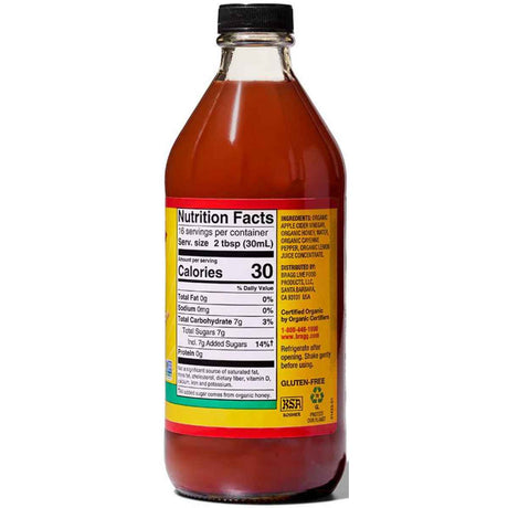 Bragg Vinagre de Sidra de Manzana - Sabor Miel Cítrica - 473 ml - Tabla Nutricional - Haz Tu Pedido.