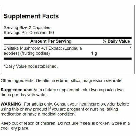 Swanson Extracto de Hongo Shiitake 500 mg - 120 Cápsulas - Tabla Nutricional - Haz Tu Pedido