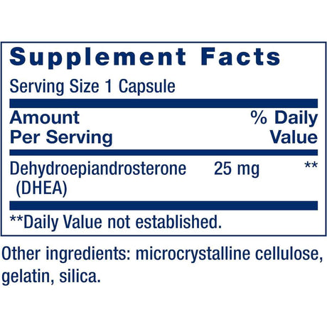 Life Extension DHEA 25 mg - 100 Cápsulas - Tabla Nutricional - Haz Tu Pedido