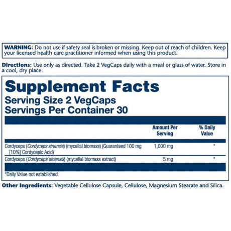 Solaray Extracto de Hongo Cordyceps 1000 mg - 60 Cápsulas Vegetales - Tabla Nutricional - Haz Tu Pedido