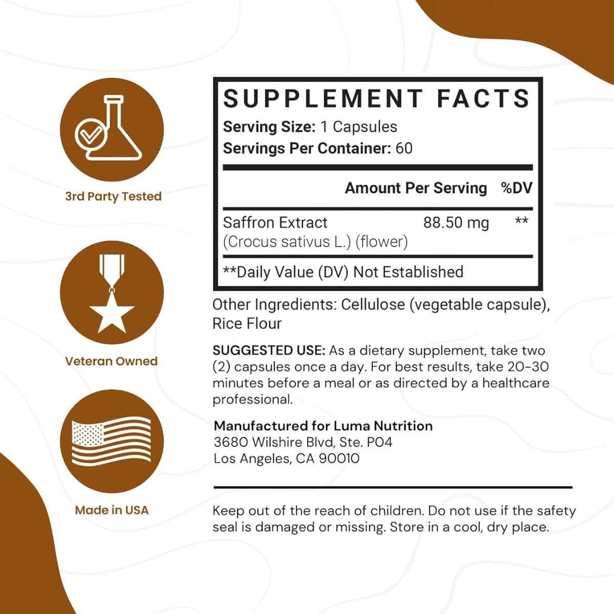 Luma Nutrition Extracto de Azafrán - 60 Cápsulas - Tabla Nutricional - Haz Tu Pedido