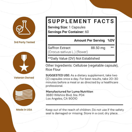 Luma Nutrition Extracto de Azafrán - 60 Cápsulas - Tabla Nutricional - Haz Tu Pedido