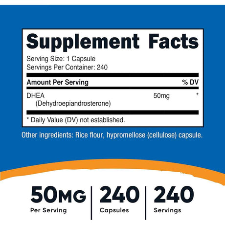 Nutricost DHEA  50 mg - 240 Cápsulas - Tabla Nutricional - Haz Tu Pedido
