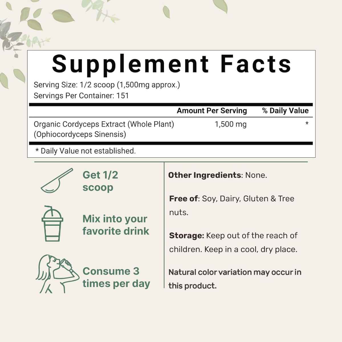 Micro Ingredients Cordyceps Mushroom Extract - 227 g - Tabla Nutricional - Haz Tu Pedido