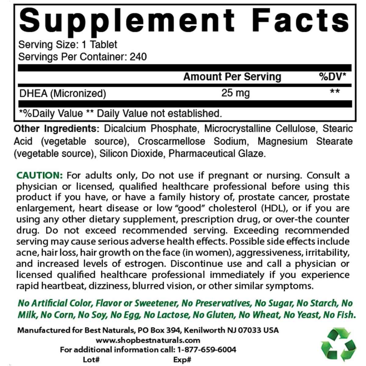 Best Naturals  DHEA  25 mg - 240 Tabletas - Tabla Nutricional - Haz Tu Pedido