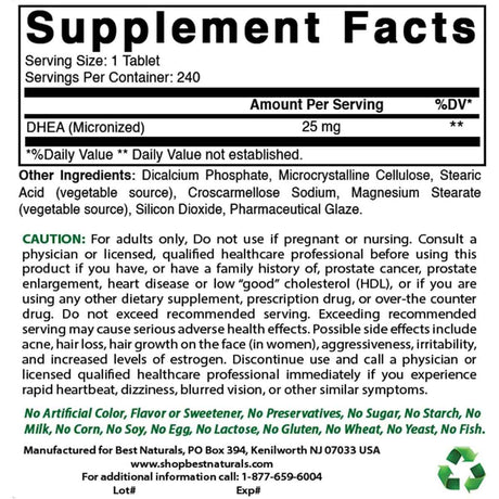 Best Naturals  DHEA  25 mg - 240 Tabletas - Tabla Nutricional - Haz Tu Pedido