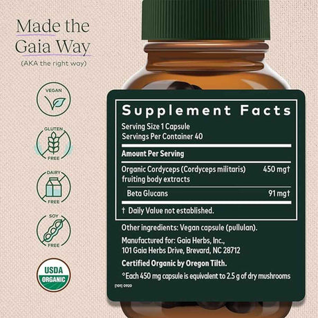Gaia Herbs Hongo Cordyceps - 40 Cápsulas Veganas - Tabla Nutricional - Haz Tu Pedido