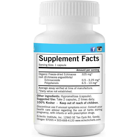 Eclectic Institute  Echinacea Angustifolia 325 mg - 90 Cápsulas Vegetales - Tabla Nutricional - Haz Tu Pedido