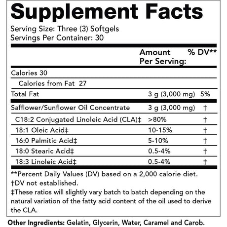 Olympian Labs CLA  3000 mg - 90 Cápsulas Blandas - Tabla Nutricional - Haz Tu Pedido