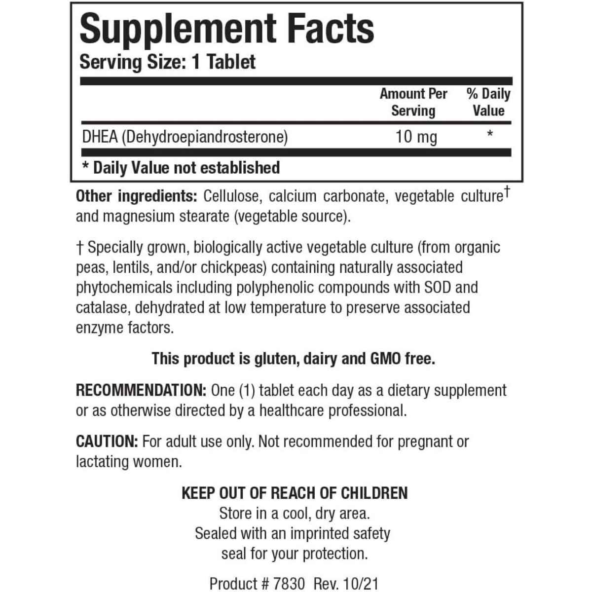 Biotics Research DHEA  10 mg - 180 Tabletas - Tabla Nutricional - Haz Tu Pedido