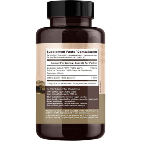 Longevity Botanicals Extracto de hongo Cordyceps - 120 Cápsulas - Tabla Nutricional - Haz Tu Pedido