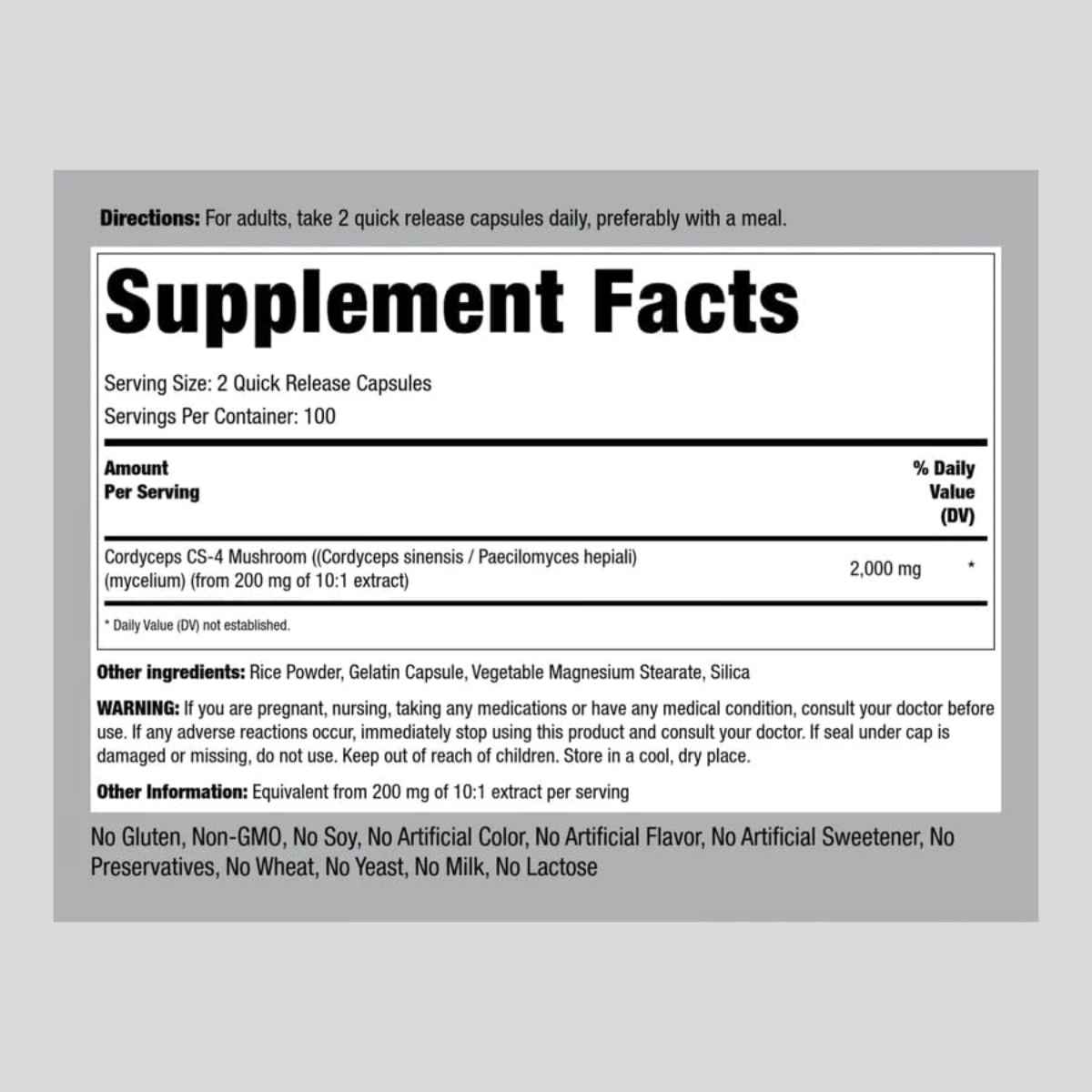 Piping Rock Hongo Cordyceps 2000 mg - 200 Cápsulas de Liberación Rápida
