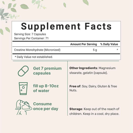 Micro Ingredients Creatina Monohidratada 5000 mg - 500 Cápsulas - Tabla Nutricional - Haz Tu Pedido