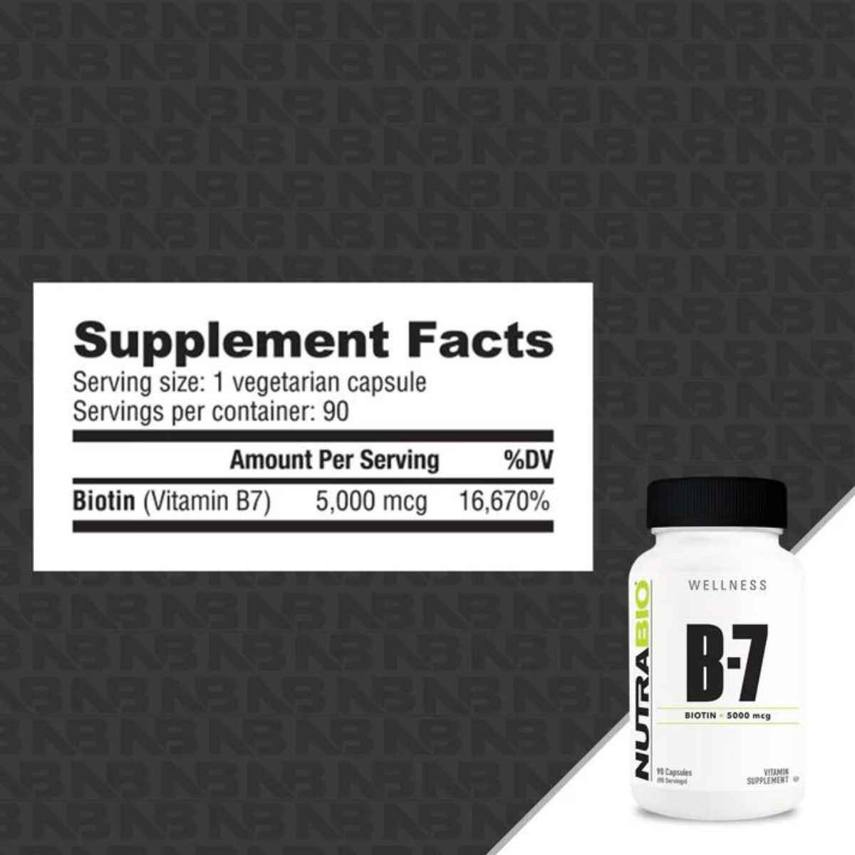 NutraBio Biotina B-7 5000 mcg - 30 Cápsulas Vegetales - Tabla Nutricional - Haz Tu Pedido