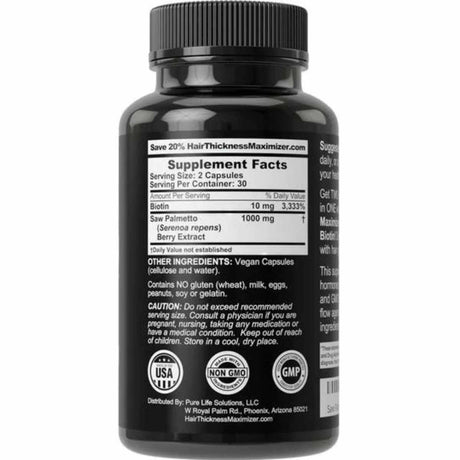 Hair Thickness Maximizer Saw Palmetto con Biotina 1000 mg - 60 Cápsulas Veganas - Tabla Nutricional - Haz Tu Pedido