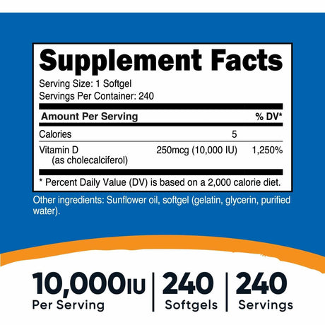 Nutricost Vitamina D3 10000 IU - 240 Cápsulas Blandas - Tabla Nutricional - Haz Tu Pedido