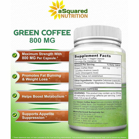 aSquared Nutrition Grano de Café Verde 800 mg - 180 Cápsulas - Tabla Nutricional - Haz Tu Pedido
