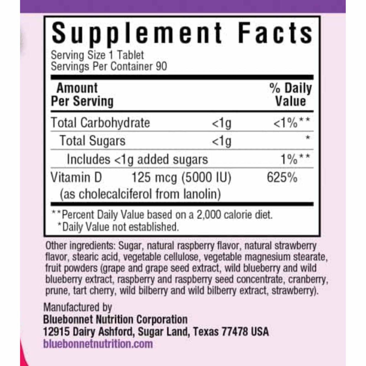 Bluebonnet Vitamina D3 5000 IU - 90 Tabletas Masticable