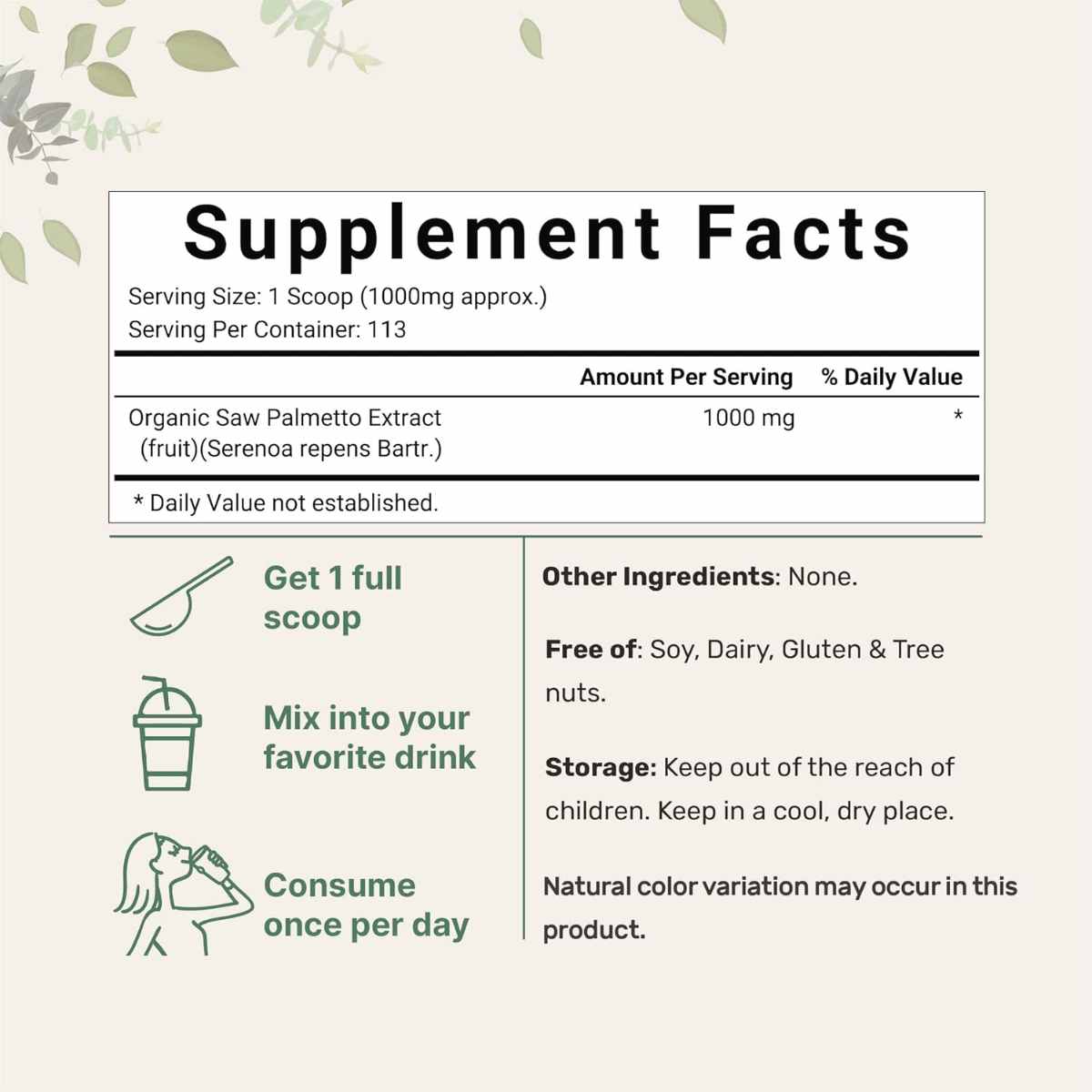Micro Ingredients Saw Palmetto - 113 g - Tabla Nutricional - Haz Tu Pedido
