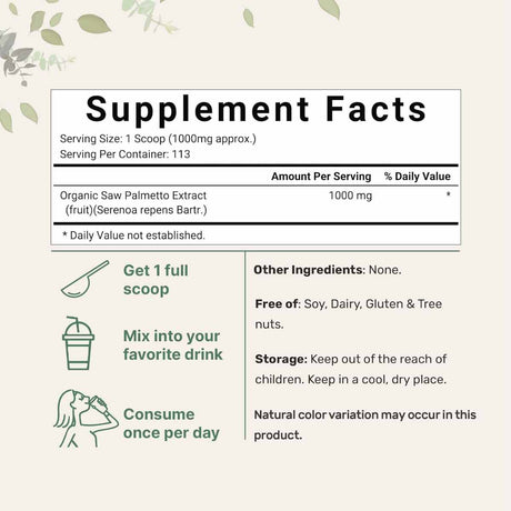 Micro Ingredients Saw Palmetto - 113 g - Tabla Nutricional - Haz Tu Pedido