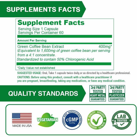 Lovita Grano de Café Verde 400 mg - 60 Cápsulas Vegetarianas - Tabla Nutricional - Haz Tu Pedido
