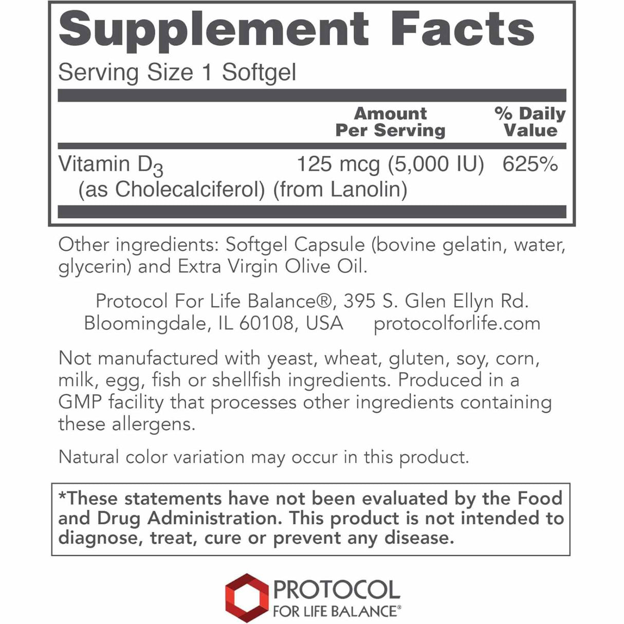 Protocol For Life Balance Vitamina D3 5000 IU - 120 Cápsulas Blandas - Tabla Nutricional - Haz Tu Pedido