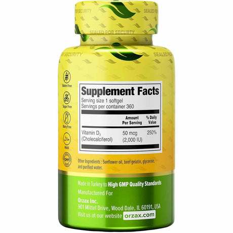Orzax Vitamina D3 2000 IU - 360 Cápsulas Blandas - Tabla Nutricional - Haz Tu Pedido