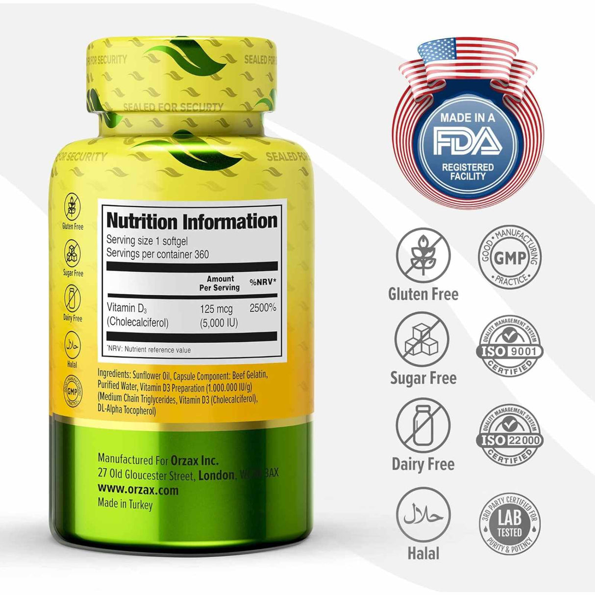 Orzax Vitamina D3 - 360 Cápsulas Blandas - Tabla Nutricional - Haz Tu Pedido