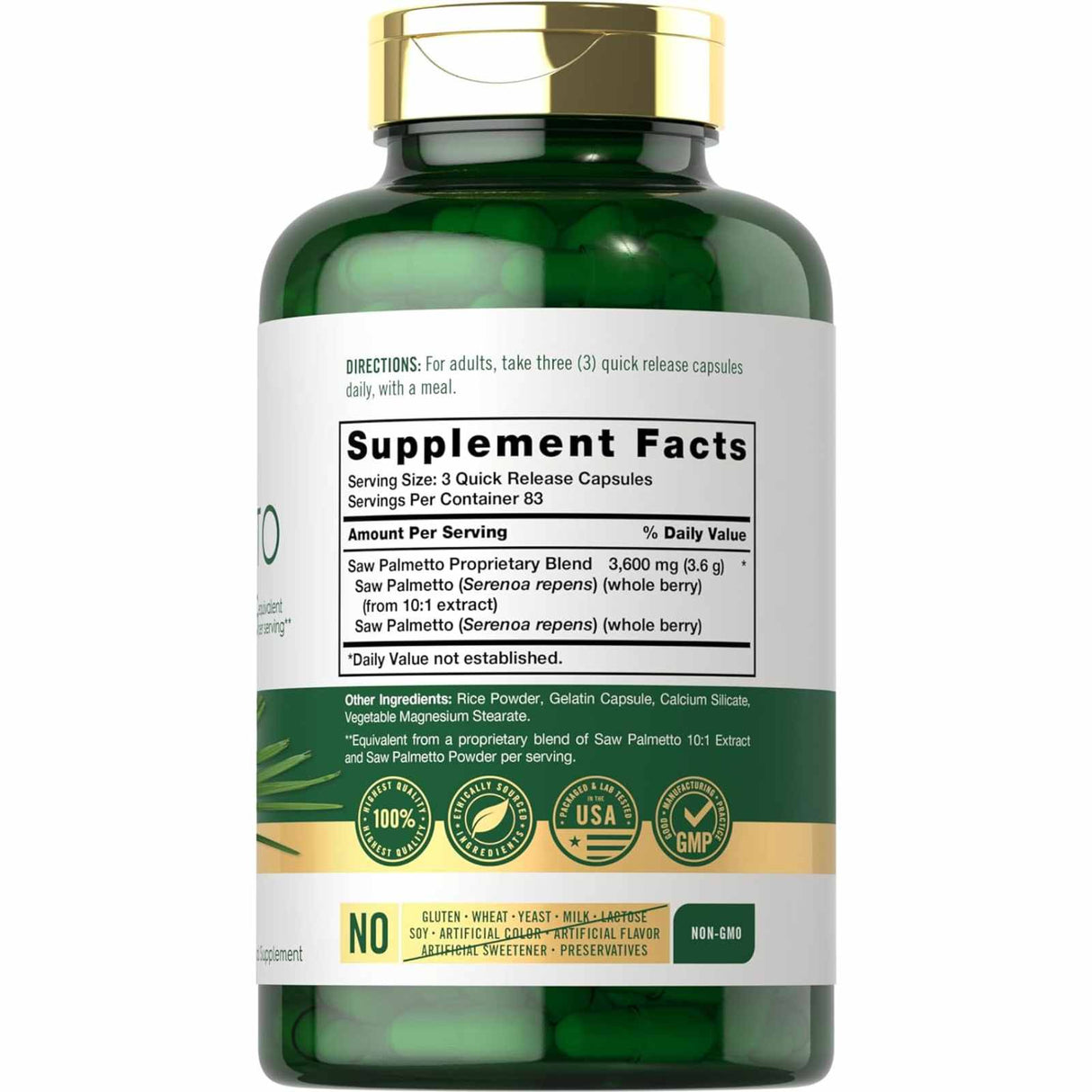 Carlyle Saw Palmetto 3600 mg - 250 Cápsulas de Liberación Rápida - Tabla Nutricional - Haz Tu Pedido