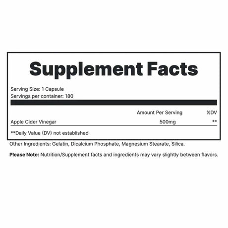 Redcon1 Vinagre de Sidra de Manzana - 500 mg - 180 Cápsulas - 180 Servicios - Tabla nutricional - Haz Tu Pedido