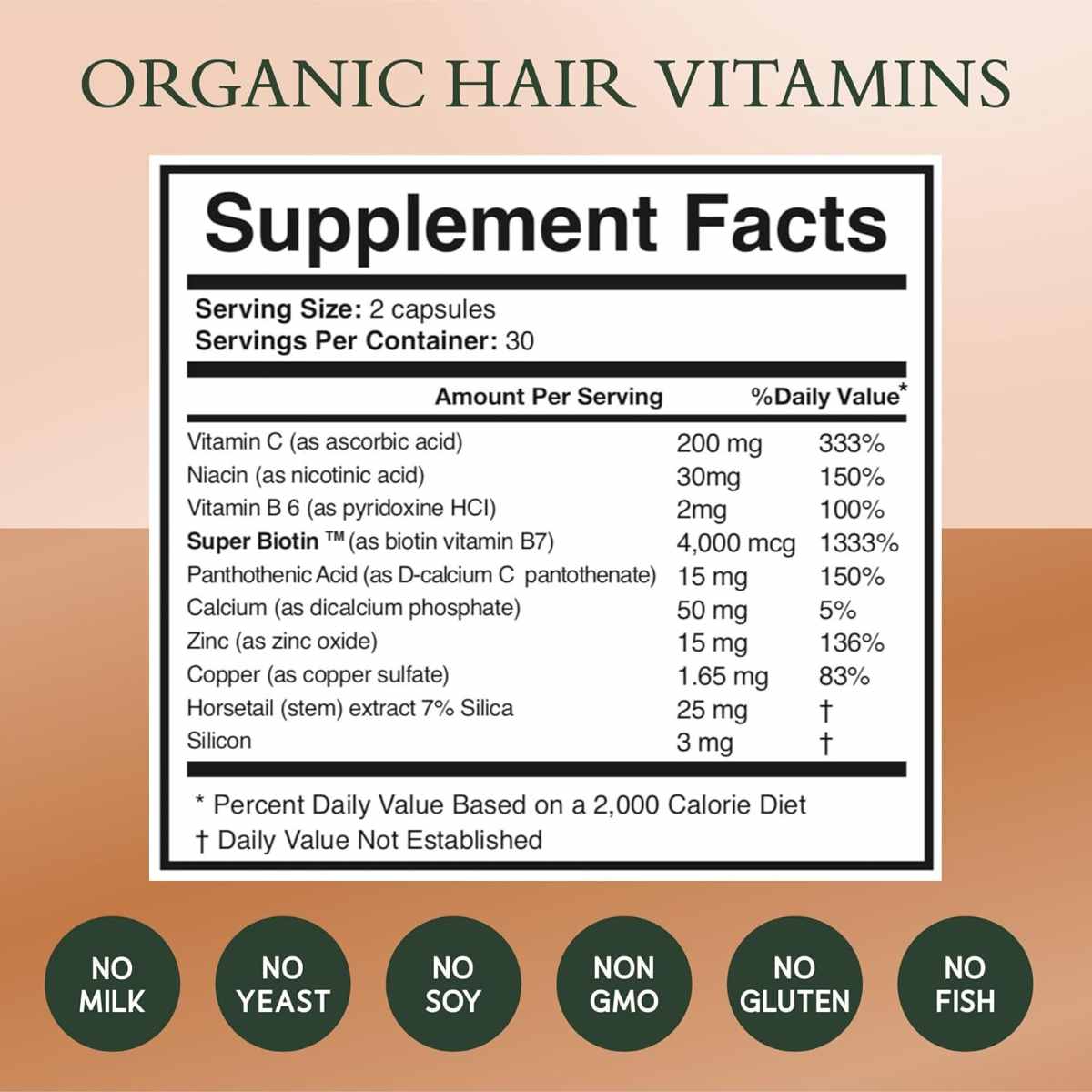 Noor Hair Suplemento para el Crecimiento del Cabello - 60 Cápsulas - Tabla Nutricional - Haz Tu Pedido