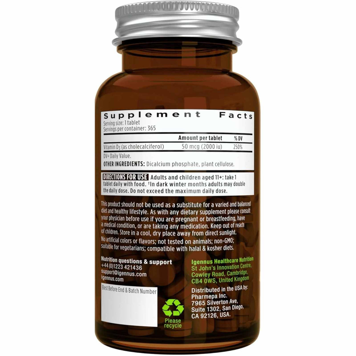 Igennus Healthcare Nutrition Vitamina D3 2000 IU - 365 Tabletas - Tabla Nutricional - Haz Tu Pedido