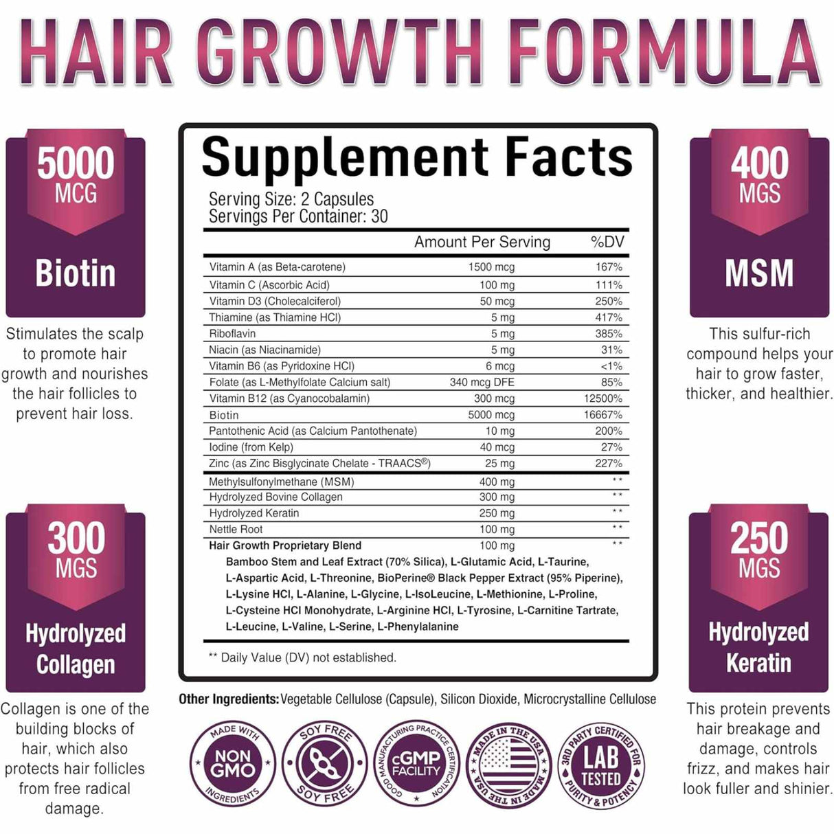 Purely Optimal  Suplemento para el Crecimiento del Cabello - 60 Cápsulas - Tabla Nutricional - Haz Tu Pedido