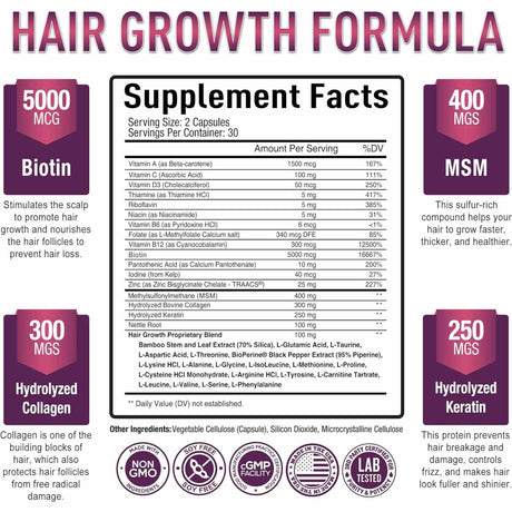 Purely Optimal  Suplemento para el Crecimiento del Cabello - 60 Cápsulas - Tabla Nutricional - Haz Tu Pedido