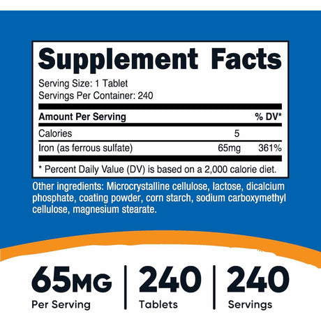 Nutricost Hierro  65 mg - 240 Tabletas - Tabla Nutricional - Haz Tu Pedido