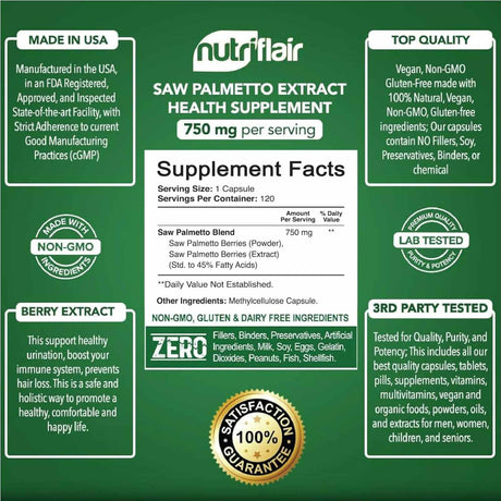NutriFlair Extracto Saw Palmetto 750 mg - 120 Cápsulas Vegetales - Tabla Nutricional - Haz Tu Pedido