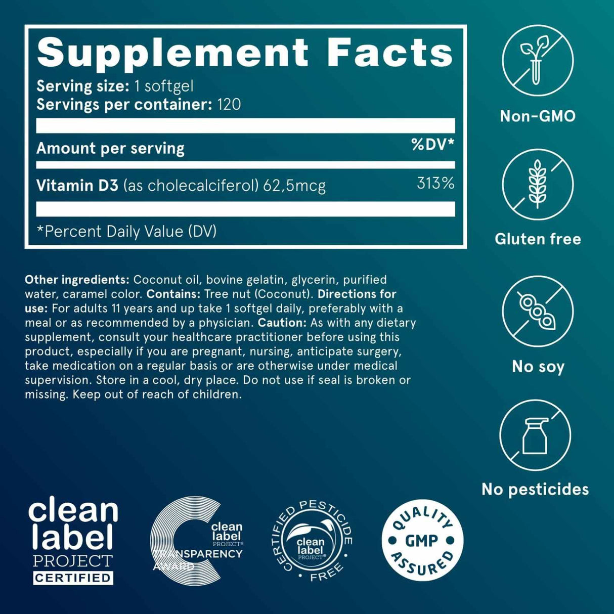 Puori Vitamina D3 2500 IU - 120 Cápsulas Blandas - Tabla Nutricional - Haz Tu Pedido