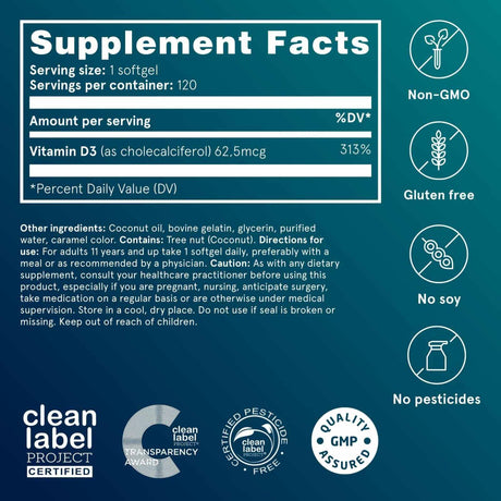 Puori Vitamina D3 2500 IU - 120 Cápsulas Blandas - Tabla Nutricional - Haz Tu Pedido